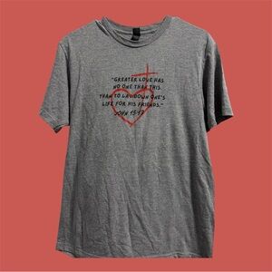 Gildan Heather Gray Short Sleeve Tee with Inspirational Quote Red Heart & Cross